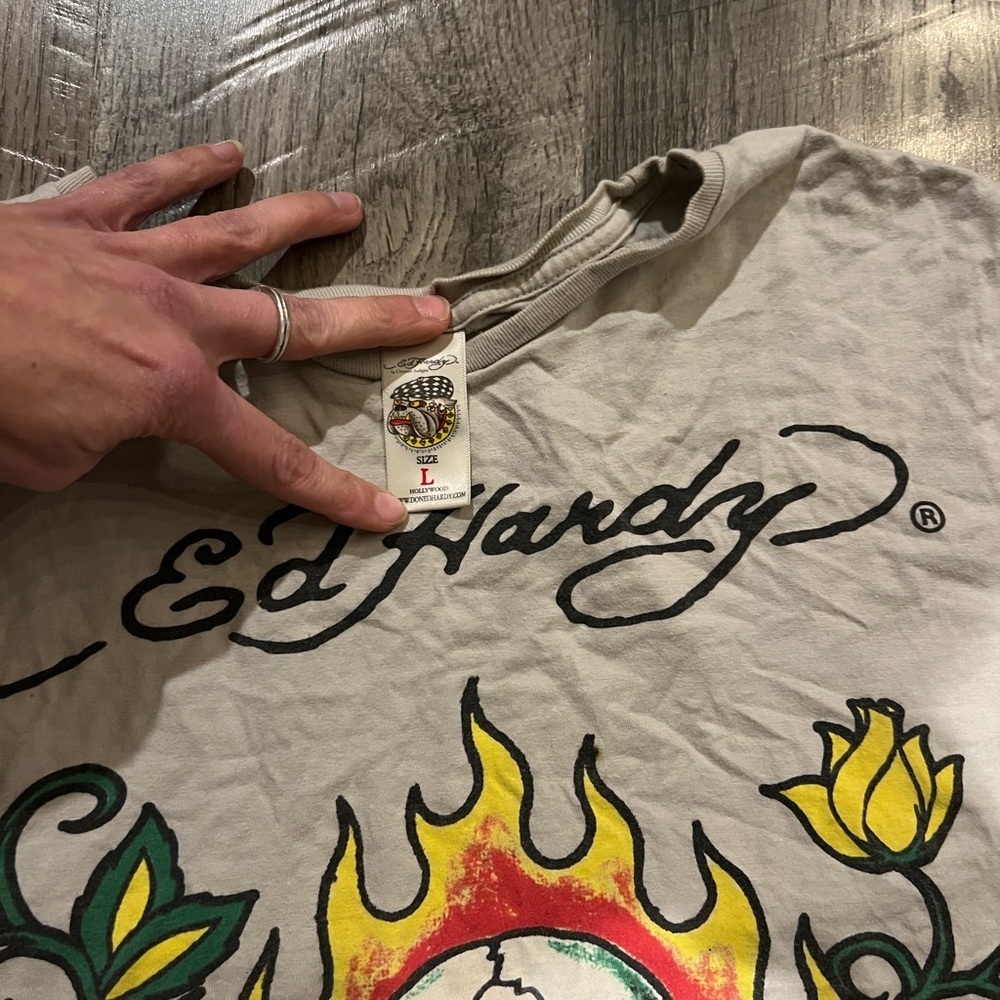 Ed Hardy Graphic Tee in Cream with Red, Yellow, Green - Picture 2 of 3